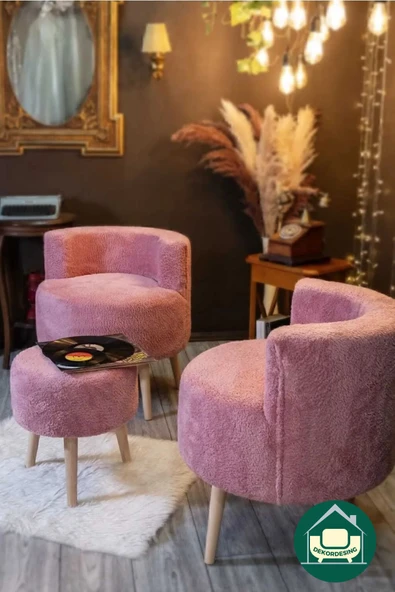 DEKOR MOBİLYACIM Pamuk Şekeri Rengi Çay Köşesi Seti: Iki Adet Berjer Ve Puf 3'lü Set Takım - 2