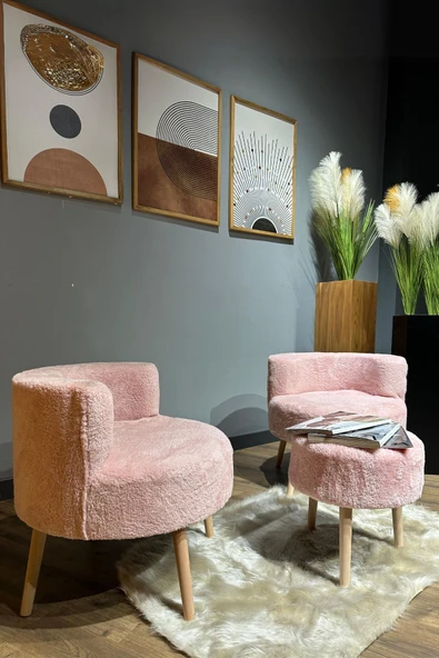 DEKOR MOBİLYACIM Elegant Comfort Pamuk Şeker Pembesi Çay Seti Ve Peluş Ikili Berjer & Puf Takımı - 3'lü Set - 3