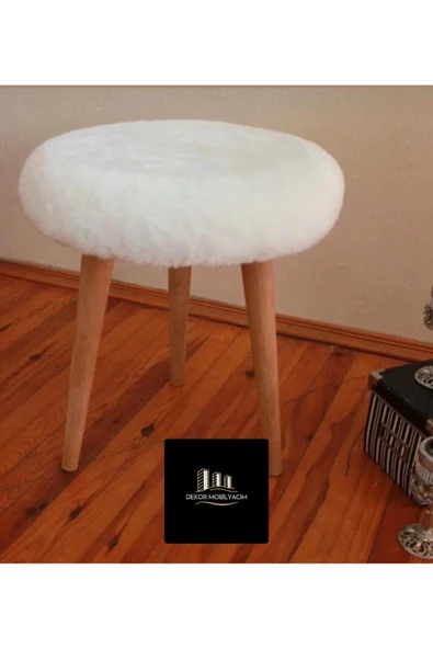 DEKOR MOBİLYACIM Gürgen Ahşap Retro Ayak Dekoratif Beyaz Pelüş Puf Koltuk Sandalye Beyaz Peluş Puf