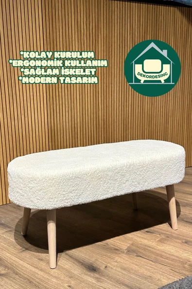 DEKOR MOBİLYACIM Paris Retro Ahşap Ayaklı Geniş Oturum Alanlı Oval Bench Puf Beyaz - 3