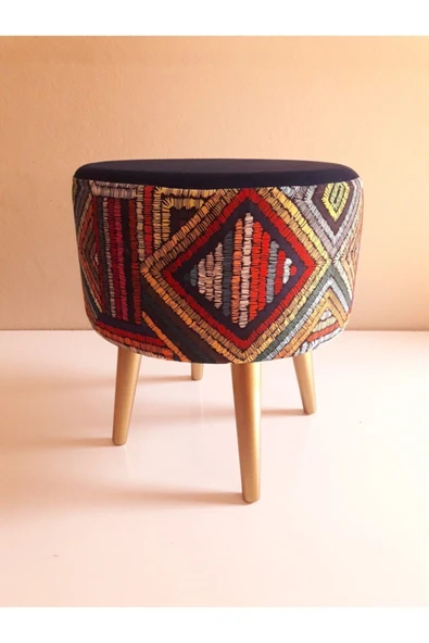 DEKOR MOBİLYACIM Gürgen Retro Ahşap Ayaklı Dekoratif Etnik Üst Lacivert Desenli Silindir Puf Bench Koltuk Sandalye