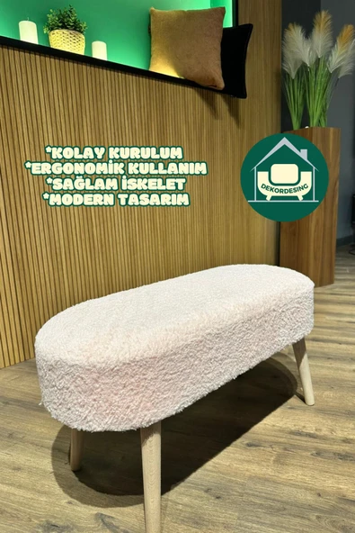 DEKOR MOBİLYACIM Paris Retro Ahşap Ayaklı Geniş Oturum Alanlı Oval Bench Puf Pembe