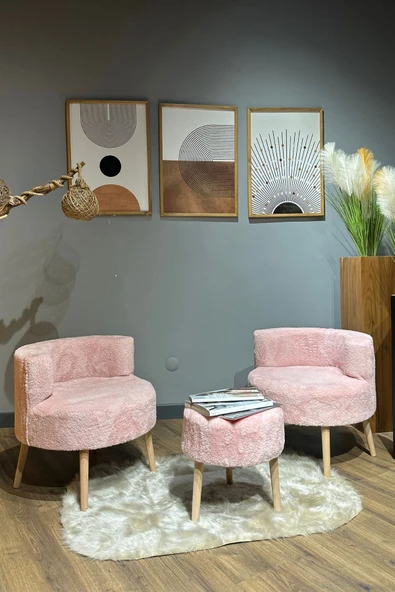 DEKOR MOBİLYACIM Elegant Comfort Pamuk Şeker Pembesi Çay Seti Ve Peluş Ikili Berjer & Puf Takımı - 3'lü Set