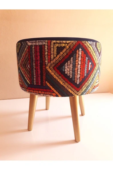 DEKOR MOBİLYACIM Gürgen Retro Ahşap Ayaklı Dekoratif Etnik Üst Lacivert Desenli Silindir Puf Bench Koltuk Sandalye - 2