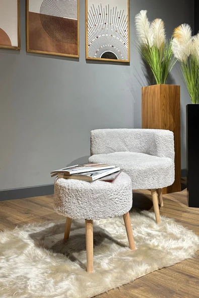 DEKOR MOBİLYACIM Berlin Çay Seti Kül Gri Rengi Berjer ve Puf Takımı (Salon, Ofis, Balkon) - 2'li Takım