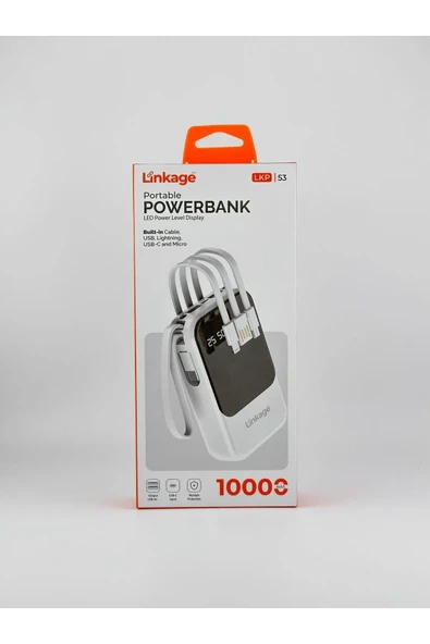 Linkage 10.000mAh, USB-A Dahili Type-C, Mikro, Lightning Kablolu, LCD Taşınabilir Powerbank LKP-53