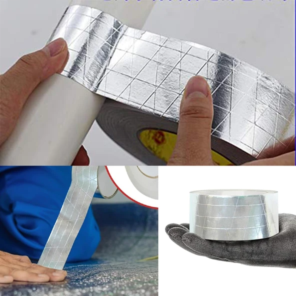 Yapışkanlı Fiberglas Lif Takviyeli Alüminyum Folyo Bant 45 mm x 25 Metre Yanmaz Soba Borusu Bandı - Resim 3