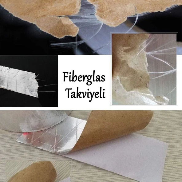 Yapışkanlı Fiberglas Lif Takviyeli Alüminyum Folyo Bant 45 mm x 25 Metre Yanmaz Soba Borusu Bandı - Resim 2