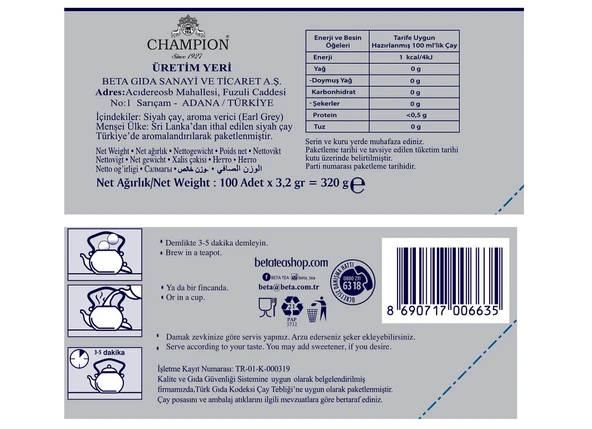 Champion Earl Grey Demlik Poşet 100 Adet (Bergamot - Tomurcuk Çayı) - 4