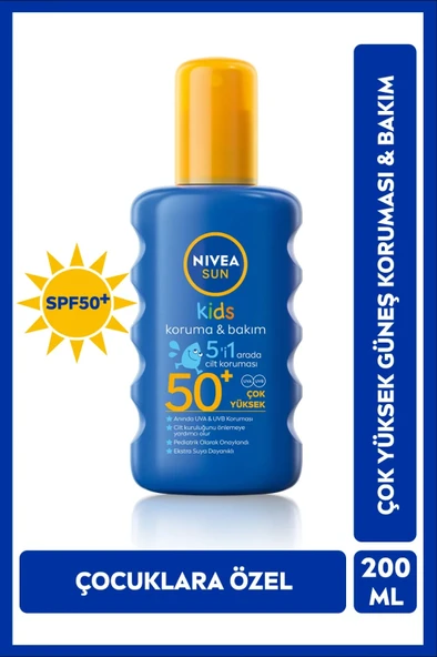 NIVEA SUN SPF50 Çocuklar İçin Güneş Koruyucu Vücut Spreyi 200ml, Anında UVA Koruması, 5i 1Arada Bakım, Nem - 1