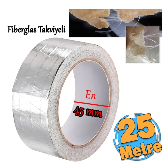 Yapışkanlı Fiberglas Lif Takviyeli Alüminyum Folyo Bant 45 mm x 25 Metre Yanmaz Soba Borusu Bandı
