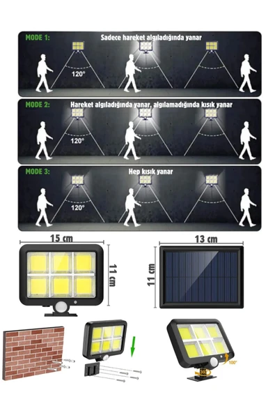 3 Modlu 120 Cob Led Kumandalı Solar Panel Güneş Enerjili Duvar Lambası Bahçe Lambası - 3