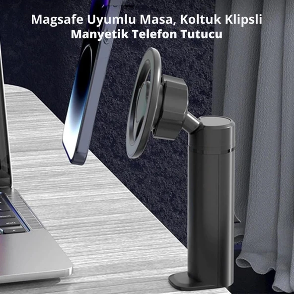 Polham Magsafe Mıknatıslı Açı ve Yön Ayarlı Sıkıştırmalı Masaüstü Telefon Tutucu, Sehpa, Koltuk Uyumlu - 3