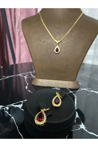 Kırmızı zirkon taşlı kolye küpe seti - 5