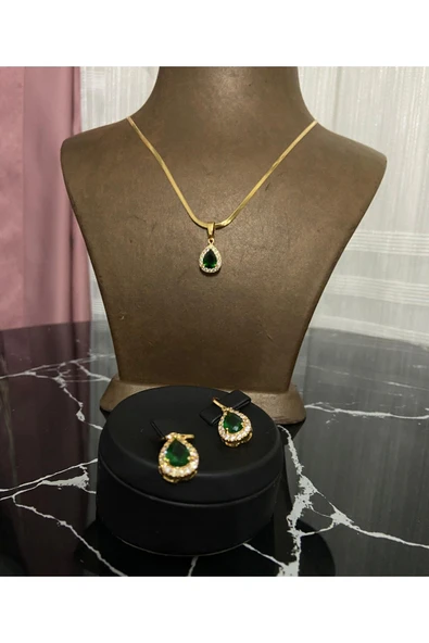 yeşil zirkon taşlı kolye küpe seti - 4