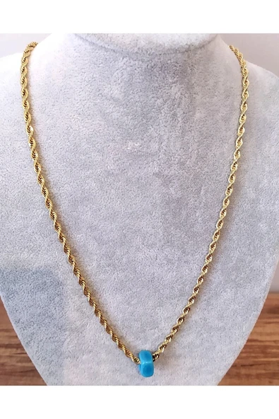 Birebir Kuyumcu Model Cam Nazar Boncuklu Burgu Halat Zincir Çelik Kolye - 4