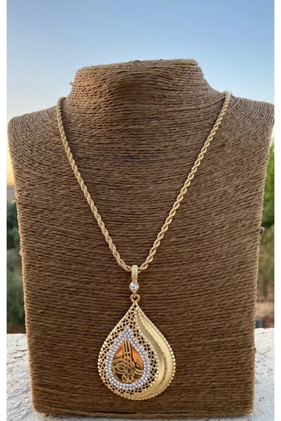 Kadın Osmanlı Tuğralı 22 ayar altın kaplama damla modeli kolye 60 cm zincirli - 3