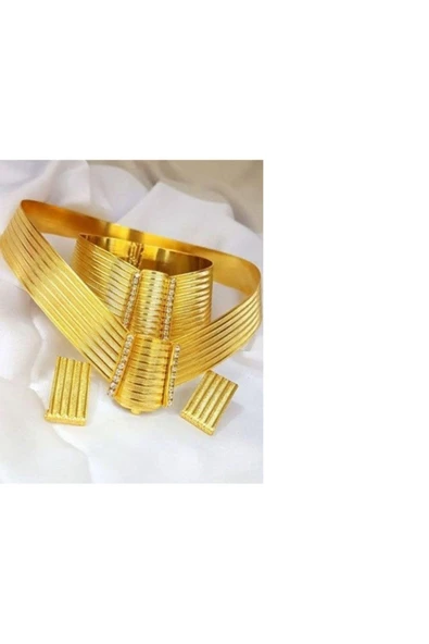 22 Ayar Altın Kaplama Trabzon Hasırı Set Bileklik Gerdanlık Küpe Takımı ürün görseli 1
