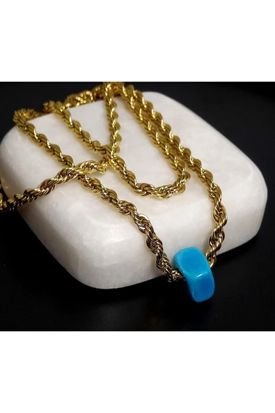 Birebir Kuyumcu Model Cam Nazar Boncuklu Burgu Halat Zincir Çelik Kolye - 8