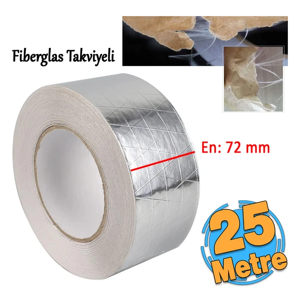 Yapışkanlı Fiberglas Lif Takviyeli Alüminyum Folyo Bant 45 mm x 25 Metre Yanmaz Soba Borusu Bandı