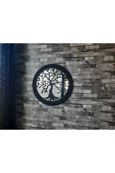 Mry Ahsap Aynalı Hayat Ağacı Siyah Hediye Duvar Dekorasyon Yatak Odası Banyo Oturma Odası Giriş 50x50 - 2