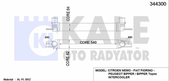 TURBO INTERCOLLER RADYATORU NEMO BIPPER FIORINO 1,3JTD BIPPER NEMO 1,4HDI OLCU: (540×82×64) - 2