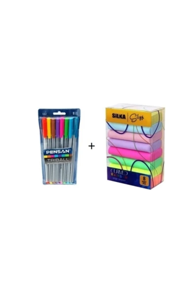 Pensan Triball Tükenmez Kalem 8'li + Rainbow Neon Silgi 8'li