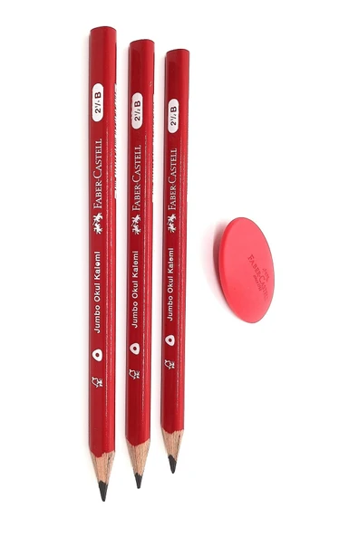 Faber Castell 3 Adet Jumbo Kurşun Kalem (başlangıç Kalemi) Ve Fc Kırmızı Elips Silgi