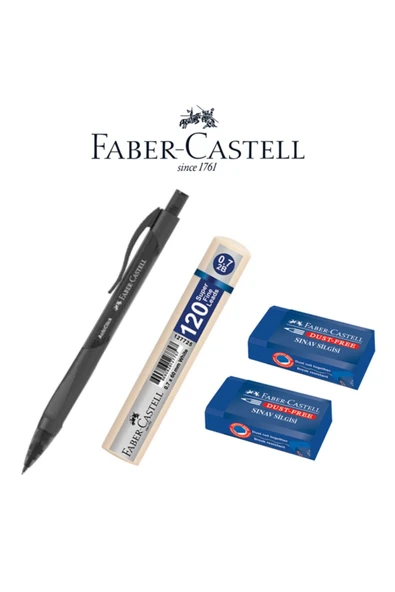 Faber Castell Auto Click 0.7 Mm Versatil Kalem - Grip Min 120'li 0.7 Mm Uç - 2 Adet Mavi Sınav Silgisi Set