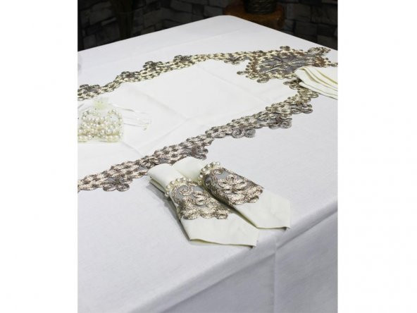 Fransız Güpürlü Kelebek Masa Örtüsü Takımı 26 Parça Krem Gold - Resim 3