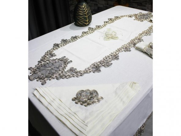 Fransız Güpürlü Kelebek Masa Örtüsü Takımı 26 Parça Krem Gold - Resim 4