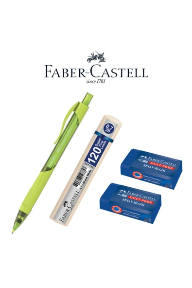 Faber Castell Auto Click 0.7 Mm Versatil Kalem - Grip Min 120'li 0.7 Mm Uç - 2 Adet Mavi Sınav Silgisi Set