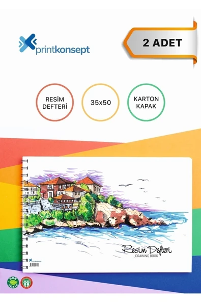 mediart Prıntkonsept 2'li Spiralli 35x50 Büyük Boy Karton Kapak Resim Defteri 15 Yaprak
