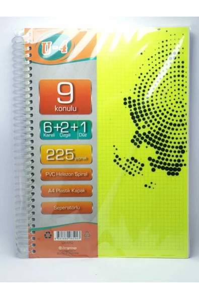 Zersan U4 6+2+1 Bölümlü 225 Yaprak A4 Sipralli Ayraçlı Defter 6 Kareli 2 Çizgili 1 Çizgisiz Çoklu Defter