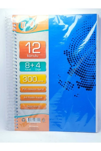 Zersan U4 8+4 Bölümlü 300 Yaprak A4 Sipralli Ayraçlı Defter 8 Kareli 4 Çizgili Çoklu Defter