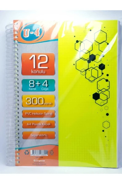 Zersan U4 8+4 Bölümlü 300 Yaprak A4 Sipralli Ayraçlı Defter 8 Kareli 4 Çizgili Çoklu Defter