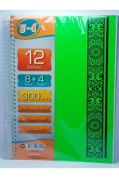 Zersan U4 8+4 Bölümlü 300 Yaprak A4 Sipralli Ayraçlı Defter 8 Kareli 4 Çizgili Çoklu Defter