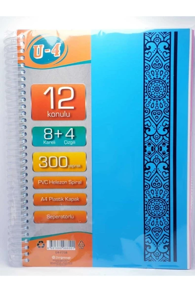 Zersan U4 8+4 Bölümlü 300 Yaprak A4 Sipralli Ayraçlı Defter 8 Kareli 4 Çizgili Çoklu Defter