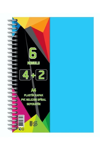 Umut U-deep 4 2 Bölümlü 180 Yaprak A4 Sipralli Ayraçlı Defter 4 Kareli 2 Çizgili Çoklu Asorti Renkler