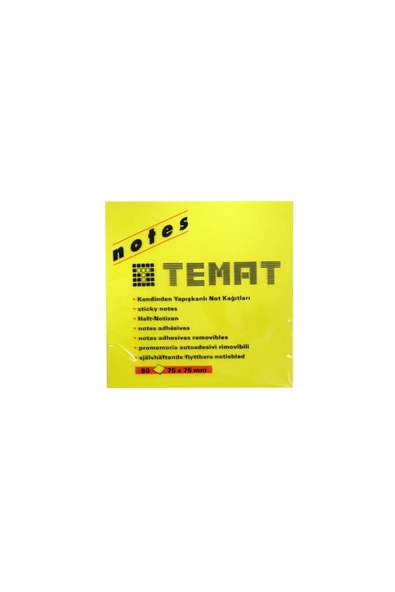Temat Yapışkanlı Not Kağıdı 75x75 mm Fosforlu Sarı 80 yp
