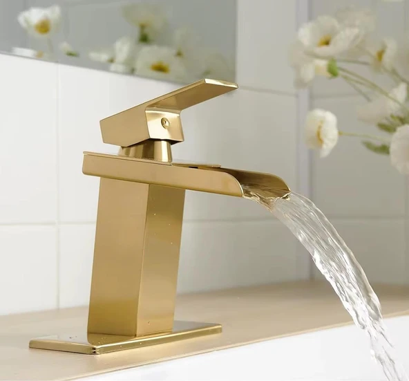 LAVABO BATARYASI MAT GOLD ŞELALE KARE GÖVDE EĞİMLİ HAVZA BANYO ARMATÜR ÇİFT GİRİŞ LÜKS ERGONAMİK