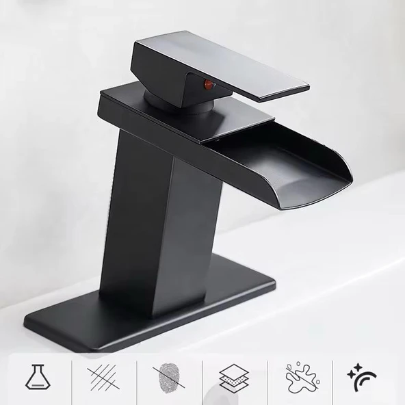 LAVABO BATARYASI MAT SİYAH ŞELALE KARE GÖVDE EĞİMLİ HAVZA BANYO ARMATÜR ÇİFT GİRİŞ LÜKS ERGONAMİK - 4