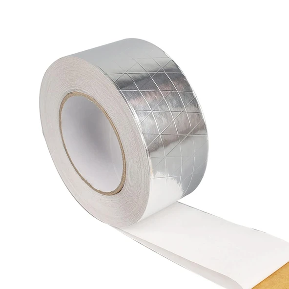 Yapışkanlı Fiberglas Lif Takviyeli Alüminyum Folyo Bant 96 mm x 25 Metre Yanmaz Yalıtım Bandı - 7