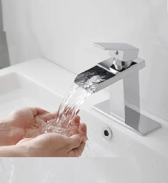 LAVABO BATARYASI KROM ŞELALE KARE GÖVDE EĞİMLİ HAVZA BANYO ARMATÜR ÇİFT GİRİŞ LÜKS ERGONAMİK - 6