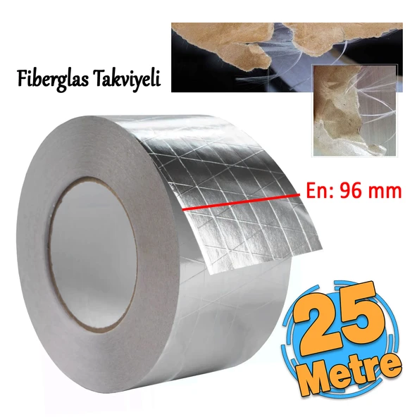 Yapışkanlı Fiberglas Lif Takviyeli Alüminyum Folyo Bant 96 mm x 25 Metre Yanmaz Yalıtım Bandı