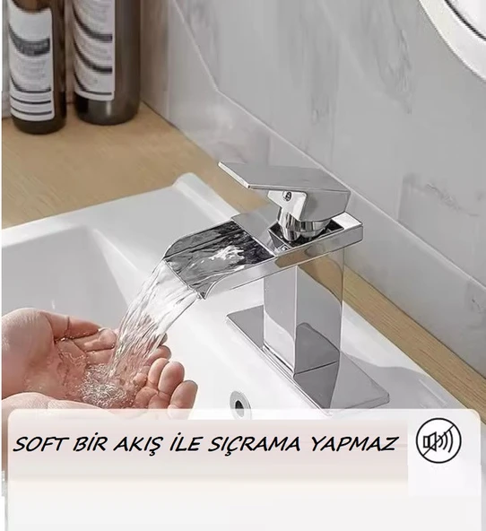 LAVABO BATARYASI KROM ŞELALE KARE GÖVDE EĞİMLİ HAVZA BANYO ARMATÜR ÇİFT GİRİŞ LÜKS ERGONAMİK - 2