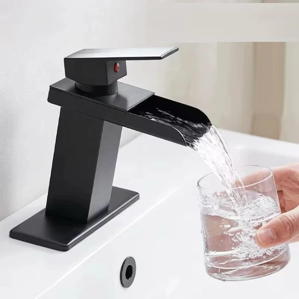 LAVABO BATARYASI MAT SİYAH ŞELALE KARE GÖVDE EĞİMLİ HAVZA BANYO ARMATÜR ÇİFT GİRİŞ LÜKS ERGONAMİK - 3