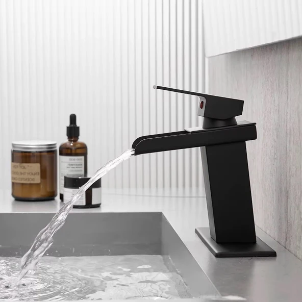 LAVABO BATARYASI MAT SİYAH ŞELALE KARE GÖVDE EĞİMLİ HAVZA BANYO ARMATÜR ÇİFT GİRİŞ LÜKS ERGONAMİK - 5