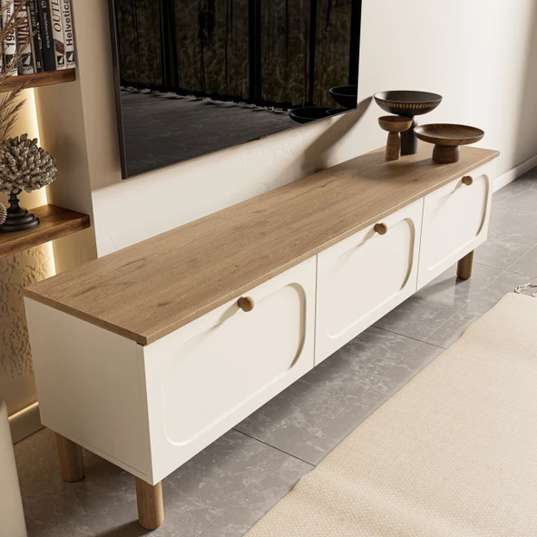 1280 Monza 180 Cm (Membran MDF Kapaklı) Bohem Tv Ünitesi Sepet-Beyaz - 5