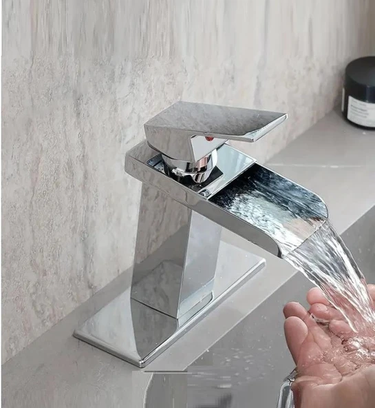 LAVABO BATARYASI KROM ŞELALE KARE GÖVDE EĞİMLİ HAVZA BANYO ARMATÜR ÇİFT GİRİŞ LÜKS ERGONAMİK